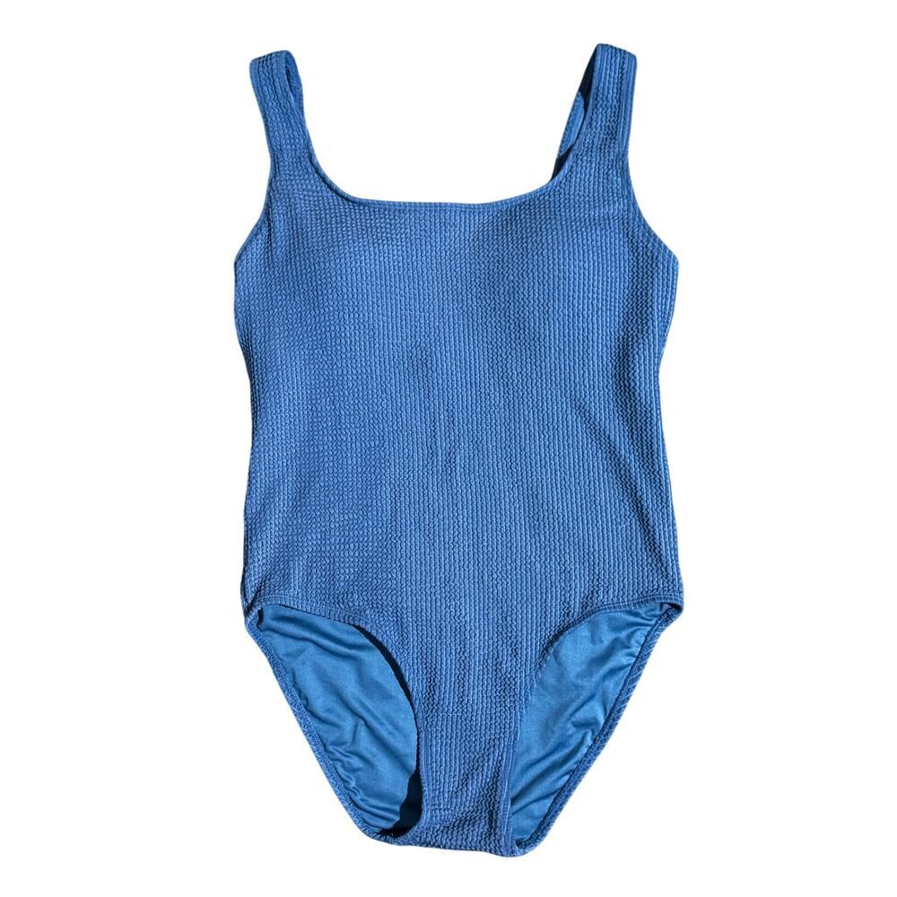 Textured Crinkle One Piece Swimsuit Blue Scoop Neck Sz Medium - Picture 2 of 7